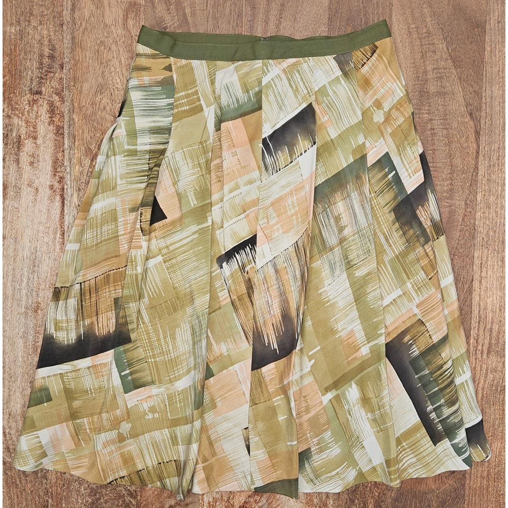 Anne Klein Silk Pleated Skirt Womens 10 Green Multi Abstract Brushstroke Midi